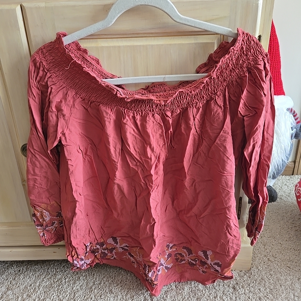 NWT Tantrums Womens Coral Geometric Patterned Off The Shoulder Blouse Top